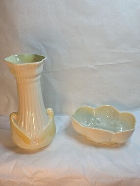 Vintage Belleek 3rd Black Mark Bowl And 3rd Green Mark Vase
